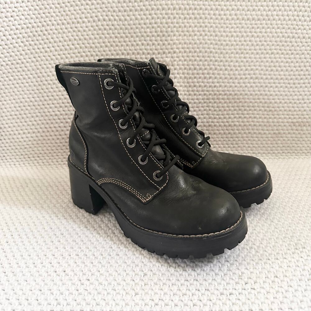 Skechers Black Leather Y2K Stitching Grunge Chunky Lug Sole Lace Up Boots 8.5 - Picture 3 of 11